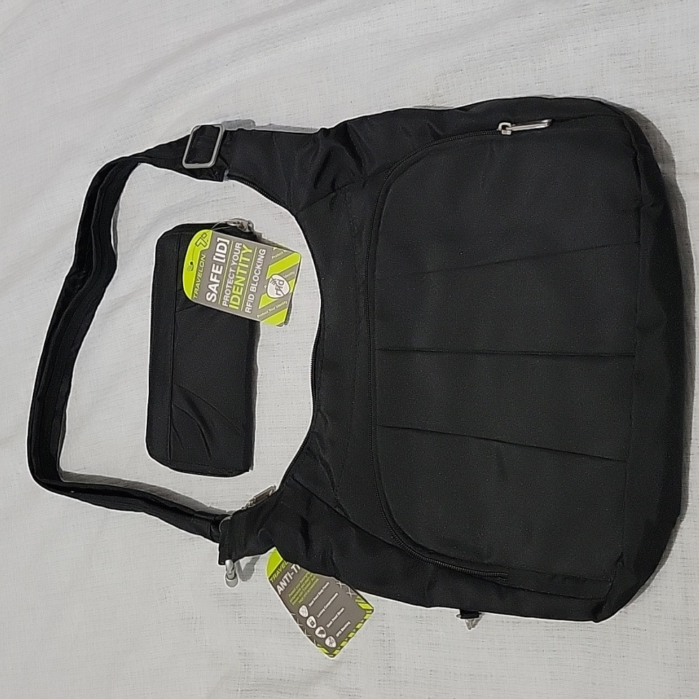 Travelon Black Anti-Theft Classic Pleated Hobo & Matching Wallet NWT